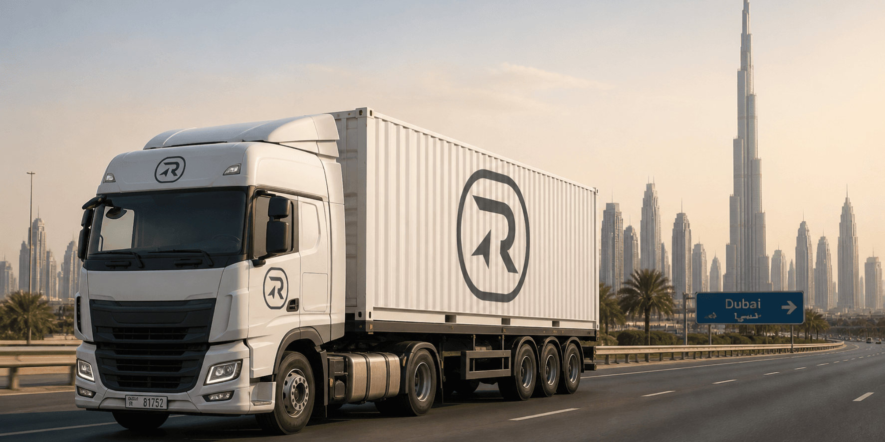 Freight trucks traveling through a modern logistics highway corridor beneath an overcast sky.