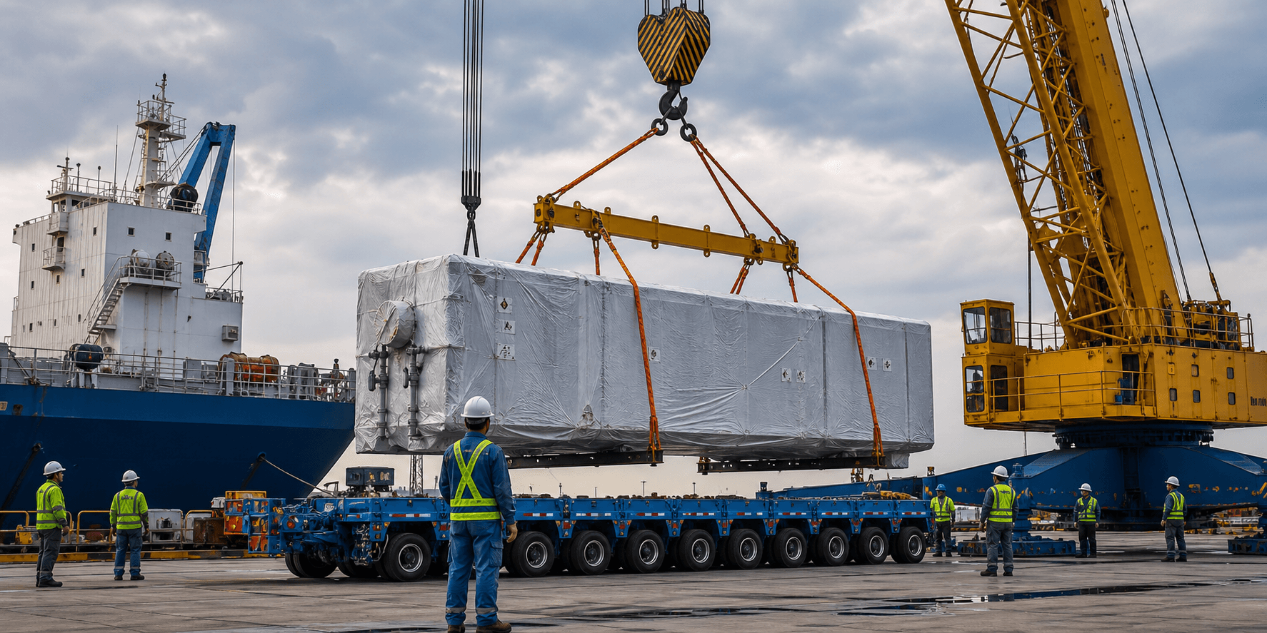 Oversized industrial cargo being lifted by crane in a heavy project cargo yard.
