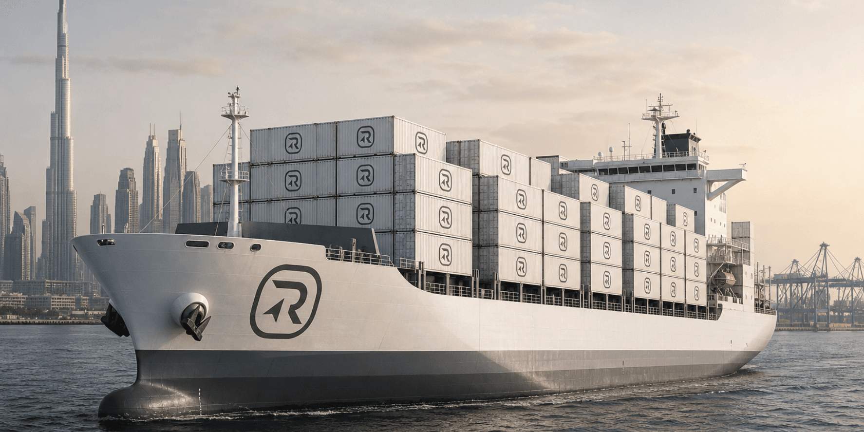Container vessel docked beside gantry cranes and stacked freight containers at a port terminal.