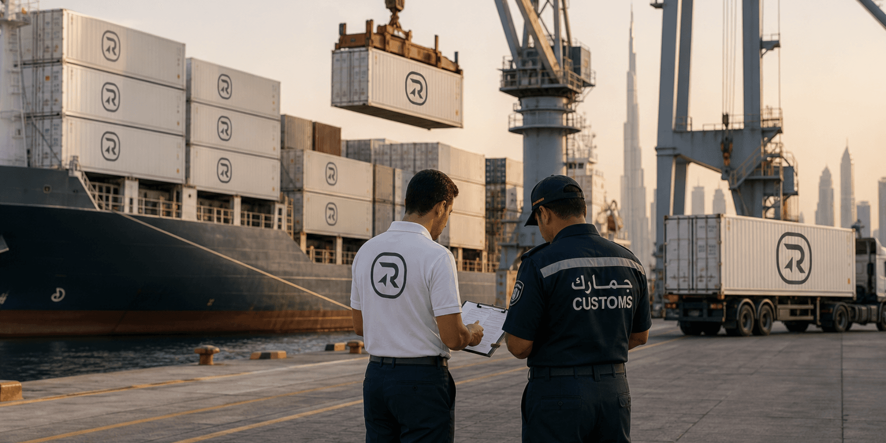 A logistics support environment combining cargo handling, warehouse operations, and customs-style review activity.