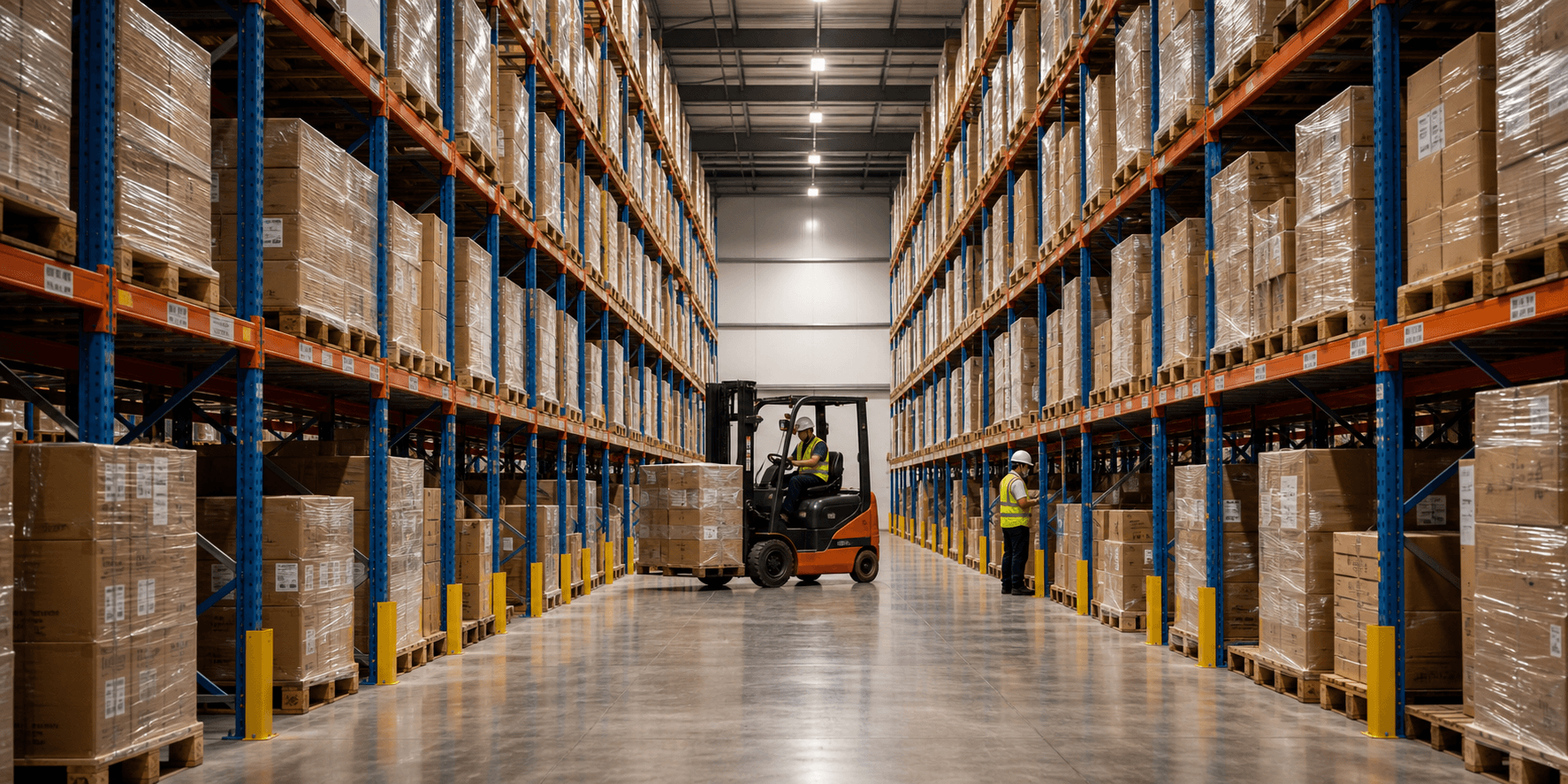 A structured warehouse aisle with pallet racking, inventory storage, and a forklift in operation.
